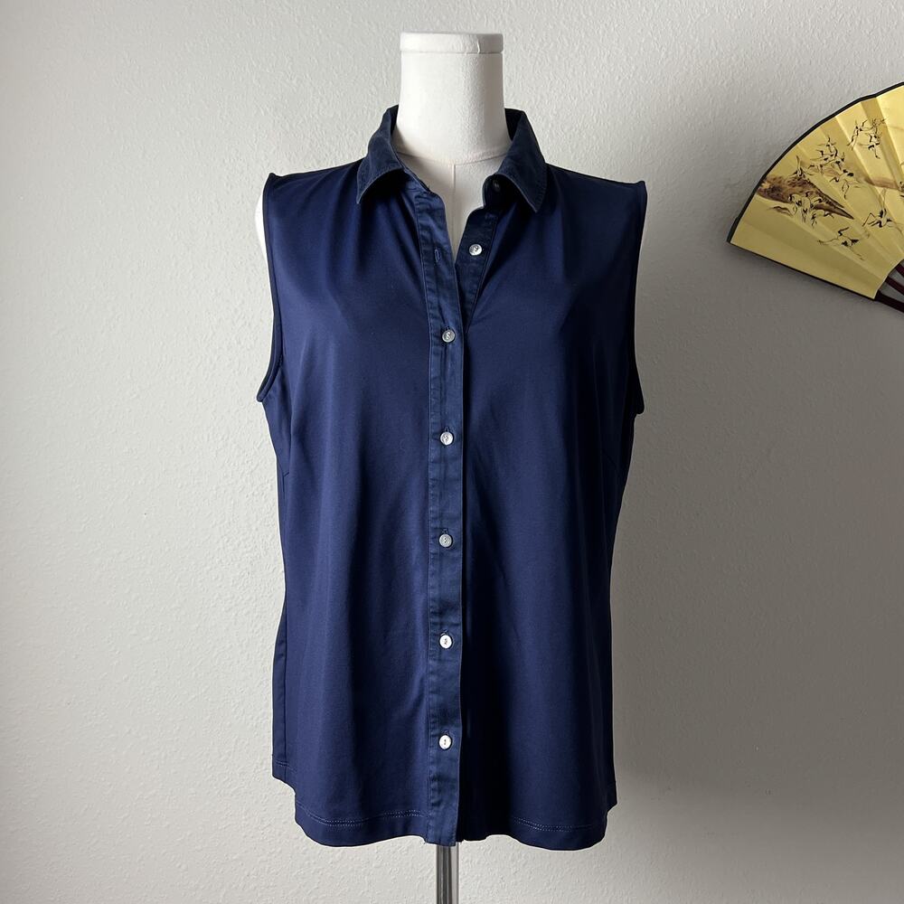 j. mclaughlin navy blue sleeveless collared button sporty shirt top